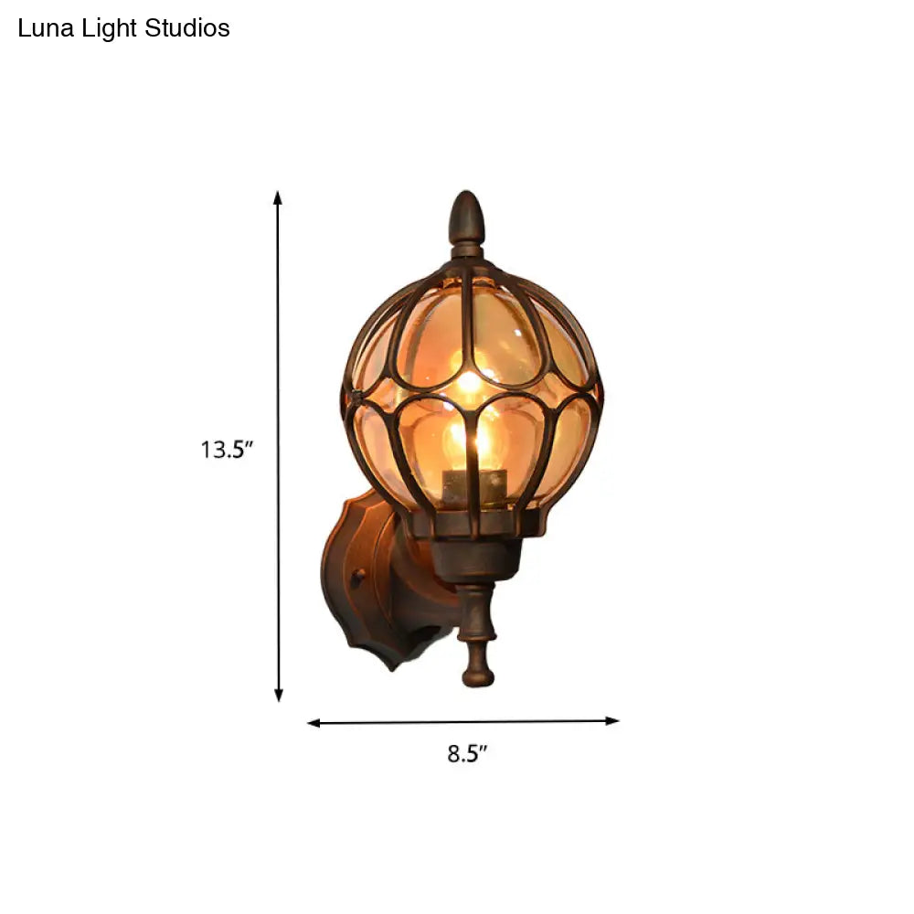 Amber Glass Industrial Wall Sconce Lamp - Globe Living Room Fixture In Black/Gold/Bronze 3 Sizes