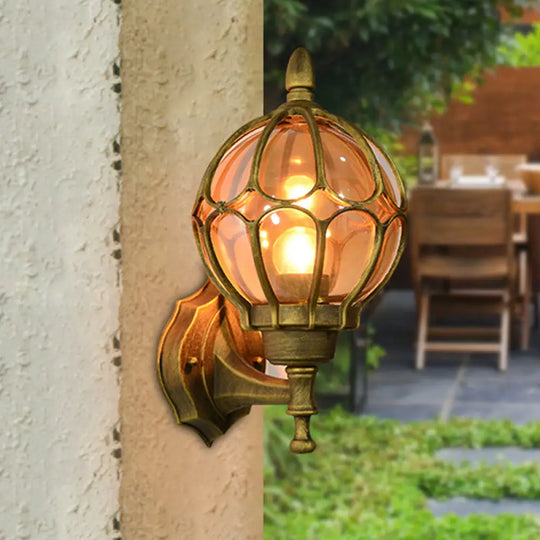 Amber Glass Industrial Wall Sconce Lamp - Globe Living Room Fixture In Black/Gold/Bronze 3 Sizes