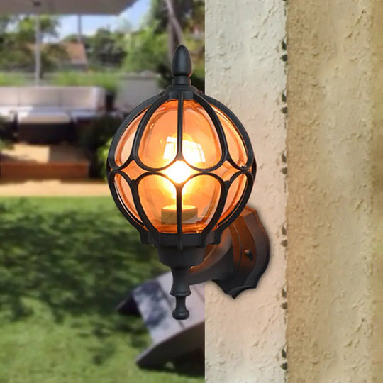 Amber Glass Industrial Wall Sconce Lamp - Globe Living Room Fixture In Black/Gold/Bronze 3 Sizes