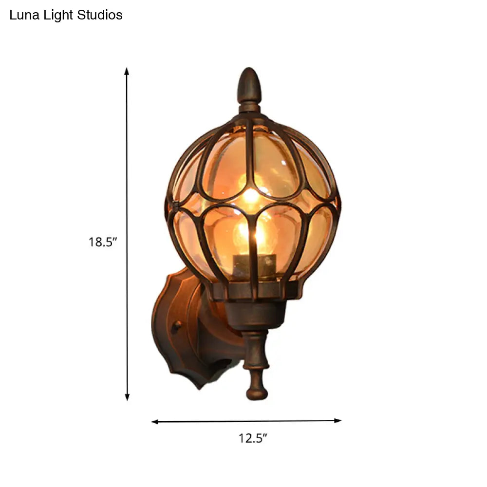 Amber Glass Industrial Wall Sconce Lamp - Globe Living Room Fixture In Black/Gold/Bronze 3 Sizes