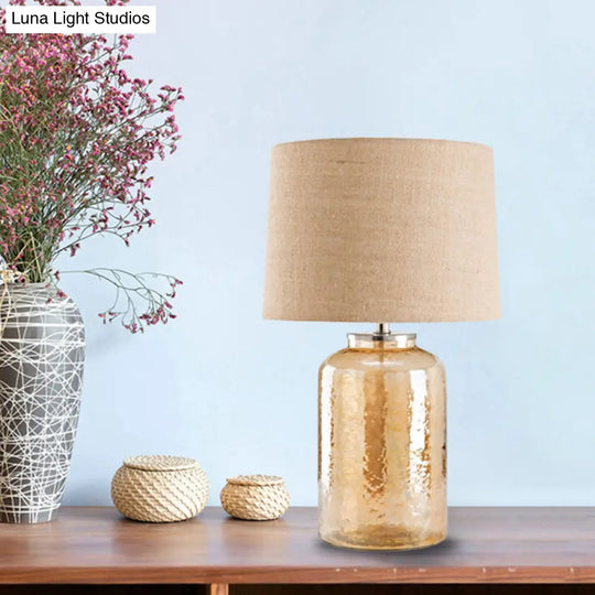 Amber Glass Jar Table Lamp: Contemporary Bedside Nightstand Light With Flaxen Fabric Shade