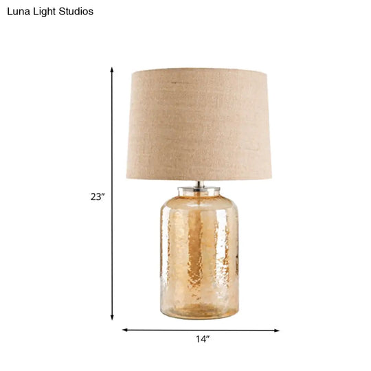 Amber Glass Jar Table Lamp: Contemporary Bedside Nightstand Light With Flaxen Fabric Shade