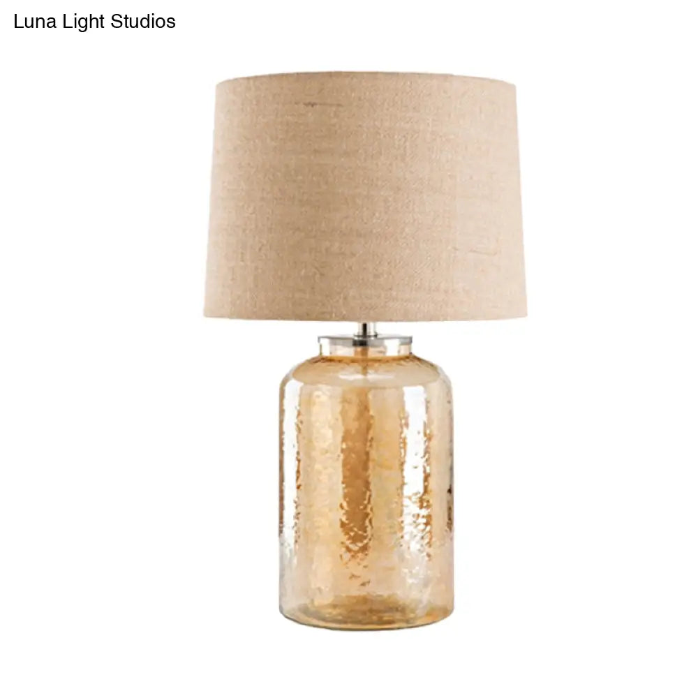 Amber Glass Jar Table Lamp: Contemporary Bedside Nightstand Light With Flaxen Fabric Shade