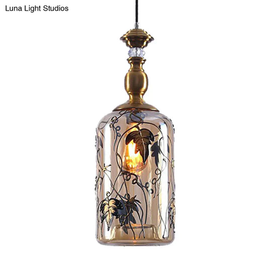 Amber Glass Living Room Pendant Lamp - Colonial Style Hanging Fixture