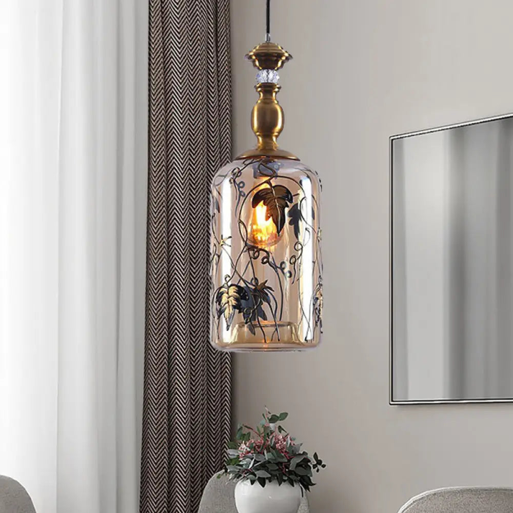 Amber Glass Living Room Pendant Lamp - Colonial Style Hanging Fixture