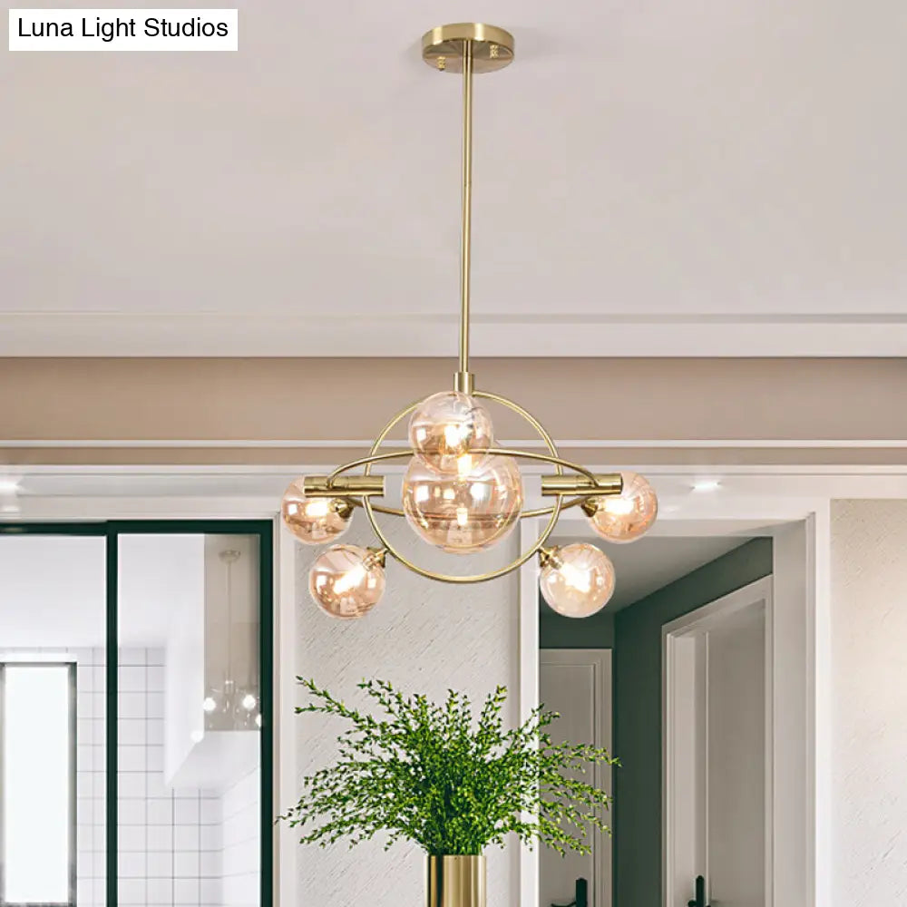 Amber Glass Modernist Sphere Chandelier - 6 Head Dining Room Lighting