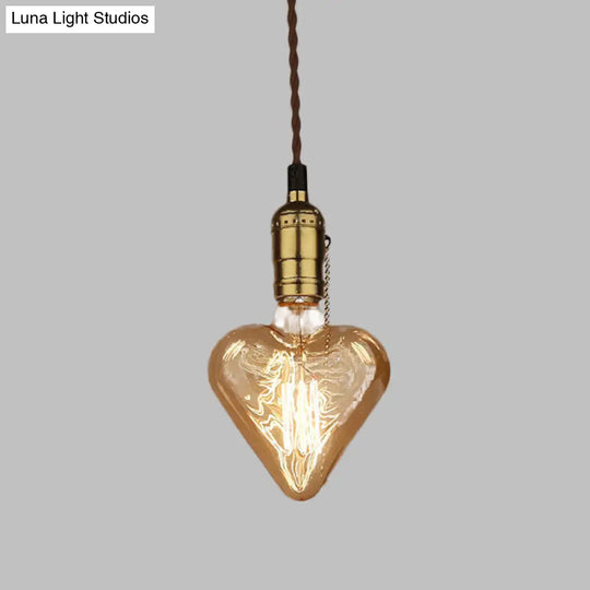 Amber Glass And Brass Industrial Heart Pendant Lamp With Down Lighting