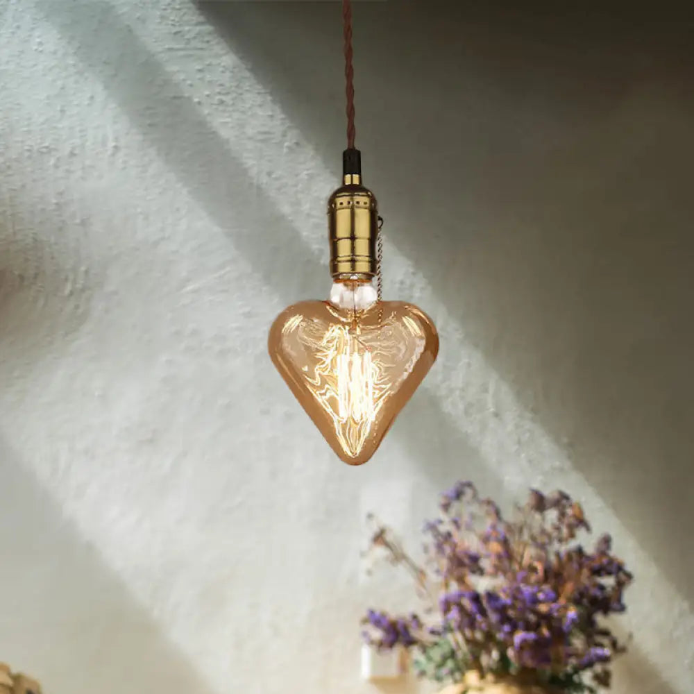 Amber Glass Pendant Lamp: Industrial Brass Heart Shape Down Lighting