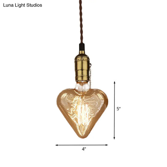Amber Glass And Brass Industrial Heart Pendant Lamp With Down Lighting