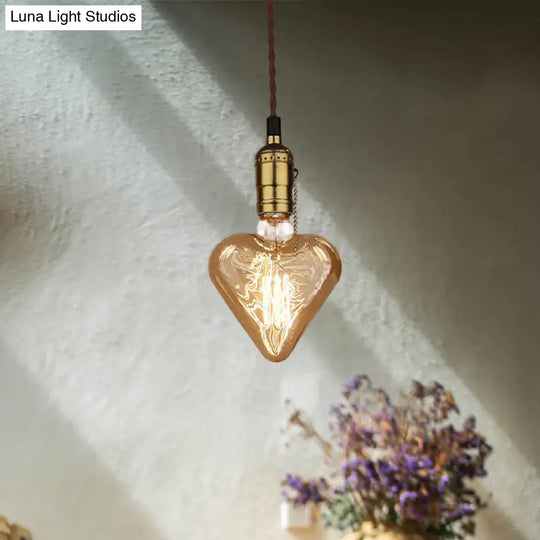 Amber Glass And Brass Industrial Heart Pendant Lamp With Down Lighting