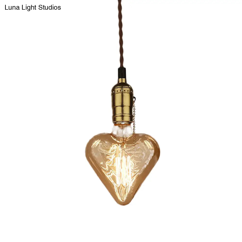 Amber Glass Pendant Lamp: Industrial Brass Heart Shape Down Lighting