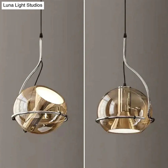 Amber Glass Pendant Light Ball Industrial Hanging Lamp E27 Plating Adjustable Chandelier For