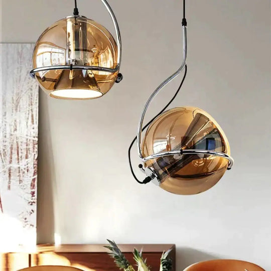 Amber Glass Pendant Light Ball Industrial Hanging Lamp E27 Plating Adjustable Chandelier For