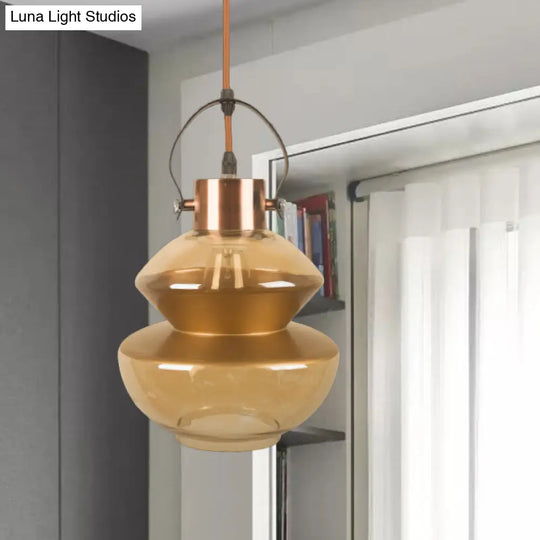 Amber Glass Pendant Single Head Ceiling Lighting For Dining Hall - Loft Gourd/Schoolhouse/Mushroom