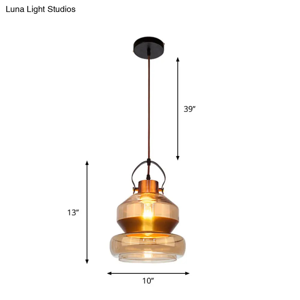 Amber Glass Pendant Single Head Ceiling Lighting For Dining Hall - Loft Gourd/Schoolhouse/Mushroom