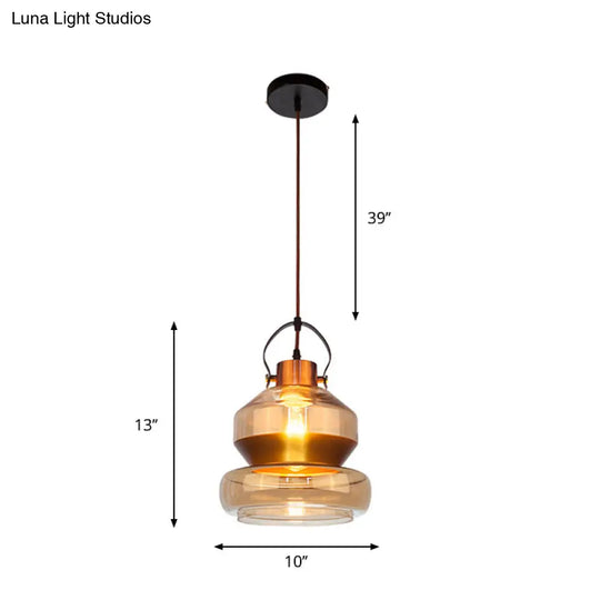 Amber Glass Pendant Single Head Ceiling Lighting For Dining Hall - Loft Gourd/Schoolhouse/Mushroom