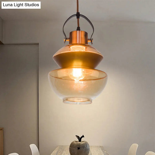 Amber Glass Pendant Single Head Ceiling Lighting For Dining Hall - Loft Gourd/Schoolhouse/Mushroom