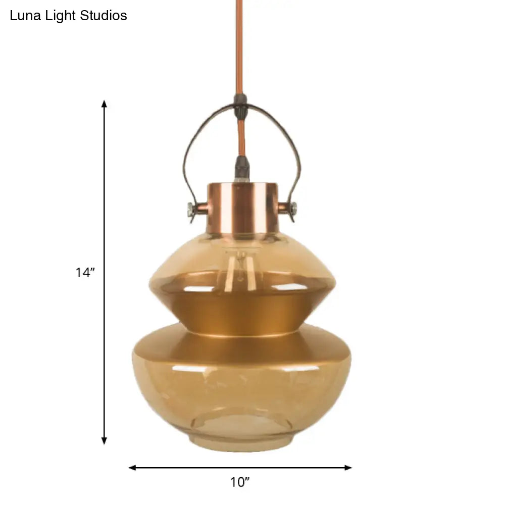 Amber Glass Pendant Single Head Ceiling Lighting For Dining Hall - Loft Gourd/Schoolhouse/Mushroom