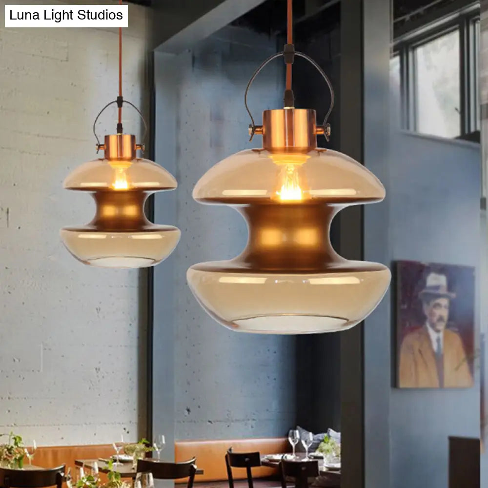 Amber Glass Pendant Single Head Ceiling Lighting For Dining Hall - Loft Gourd/Schoolhouse/Mushroom