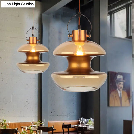 Amber Glass Pendant Single Head Ceiling Lighting For Dining Hall - Loft Gourd/Schoolhouse/Mushroom