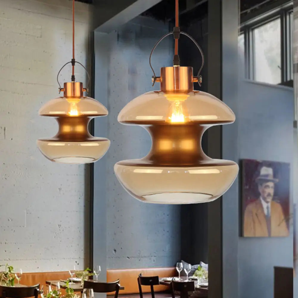 Amber Glass Pendant Single Head Ceiling Light For Dining Hall | Loft Gourd/Schoolhouse/Mushroom