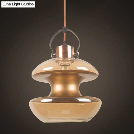 Amber Glass Pendant Single Head Ceiling Lighting For Dining Hall - Loft Gourd/Schoolhouse/Mushroom