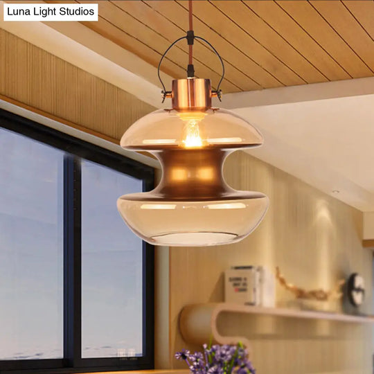 Amber Glass Pendant Single Head Ceiling Lighting For Dining Hall - Loft Gourd/Schoolhouse/Mushroom