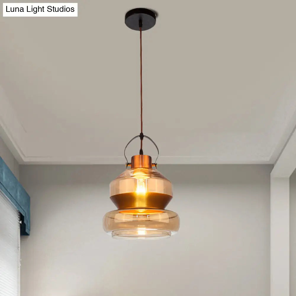 Amber Glass Pendant Single Head Ceiling Lighting For Dining Hall - Loft Gourd/Schoolhouse/Mushroom