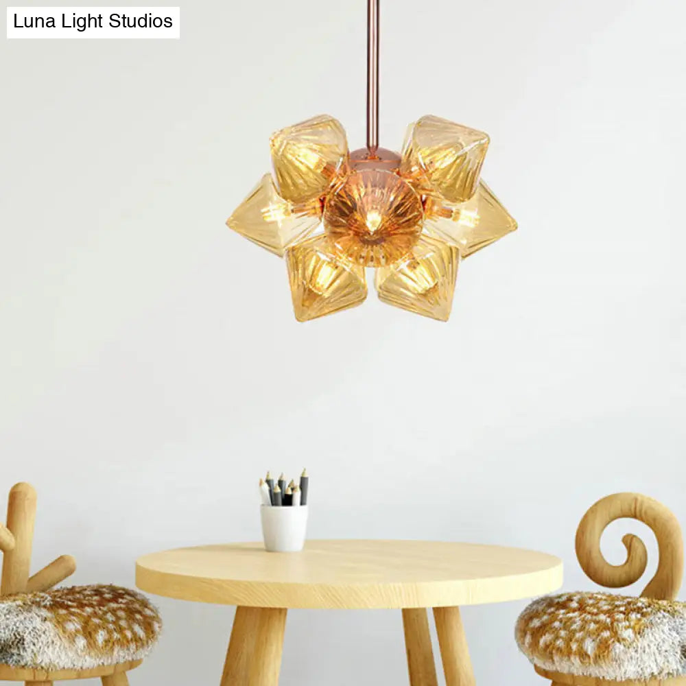 Amber Glass Pyramid Chandelier Lamp- 9/12 Bulb Modern Pendant Light For Living Room