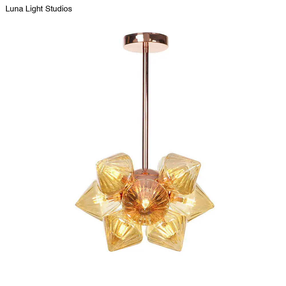 Modern Amber Glass Pyramid Chandelier Lamp - 9/12 Bulb Pendant Lighting Fixture For Living Room