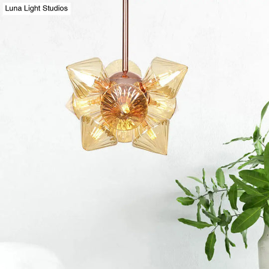 Amber Glass Pyramid Chandelier Lamp- 9/12 Bulb Modern Pendant Light For Living Room