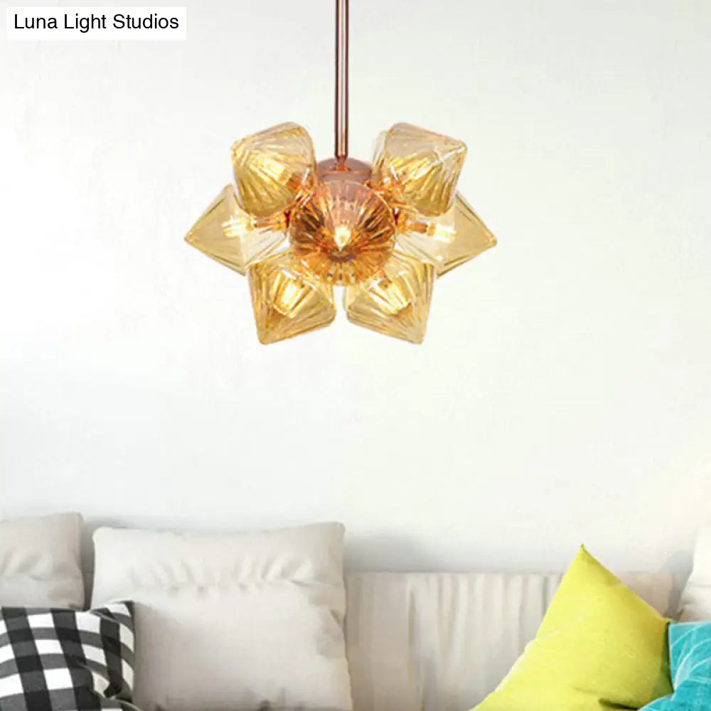 Amber Glass Pyramid Chandelier Lamp- 9/12 Bulb Modern Pendant Light For Living Room