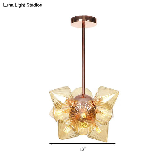 Amber Glass Pyramid Chandelier Lamp- 9/12 Bulb Modern Pendant Light For Living Room