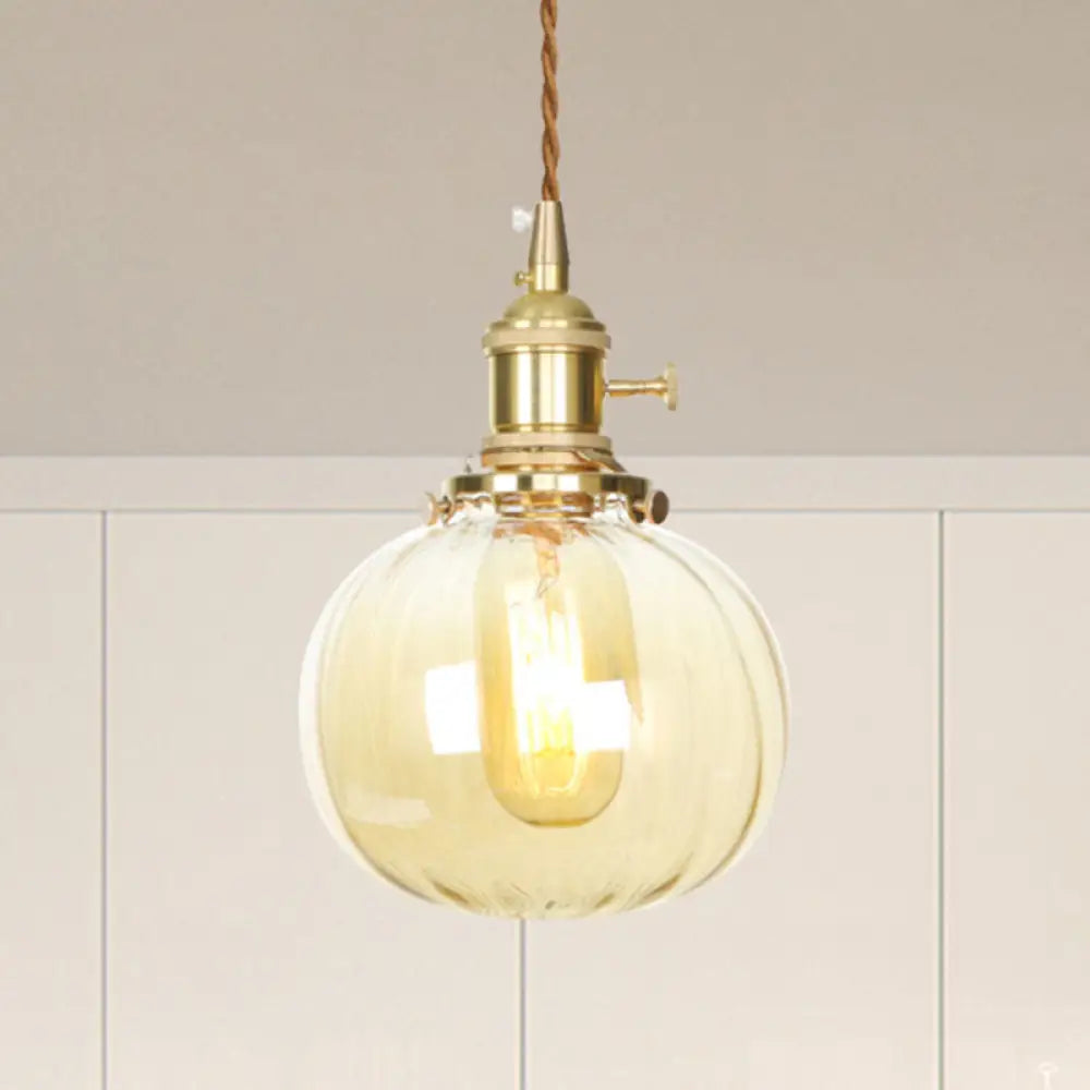 Amber Glass Retro Vintage Pendant Lamp - Melon Shape Dining Room Décor / 1
