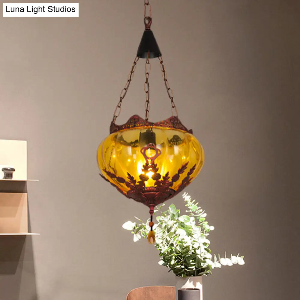 Amber Glass Rustic Pendant Ceiling Light For Country Style Restaurants