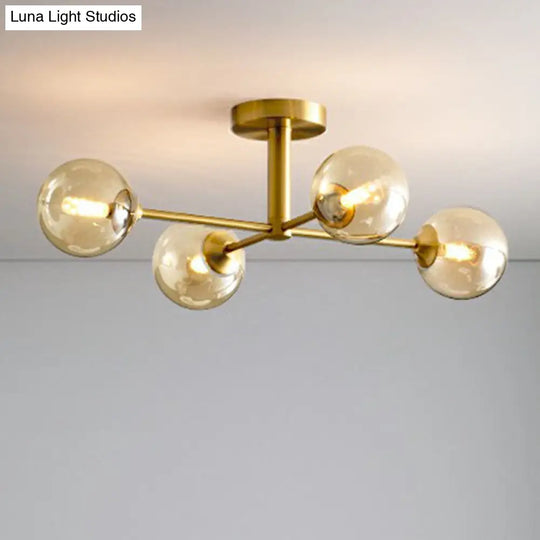 Amber Glass Semi-Flush Ceiling Pendant In Gold - Postmodern Spherical Dining Room Lighting