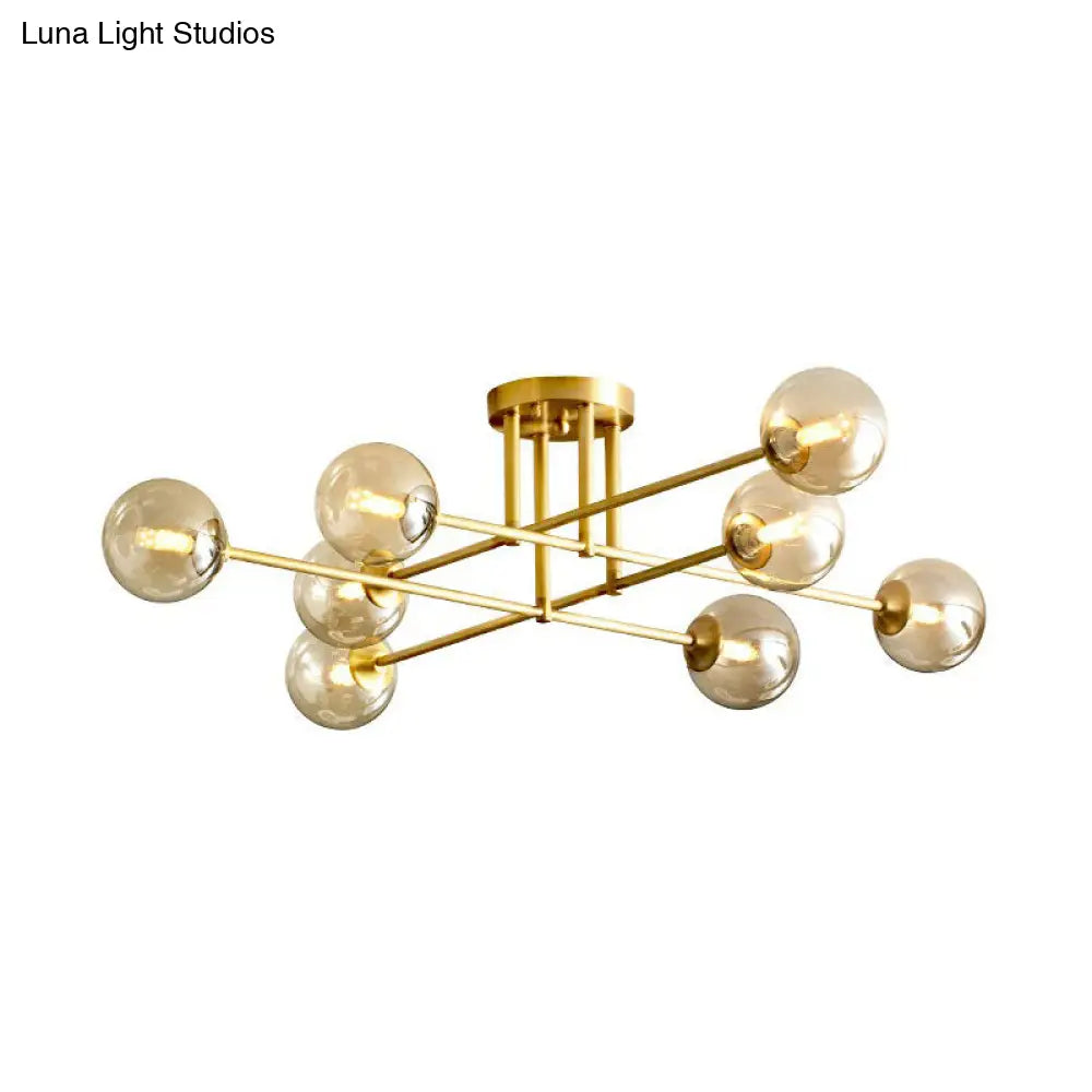 Amber Glass Semi-Flush Ceiling Pendant In Gold - Postmodern Spherical Dining Room Lighting