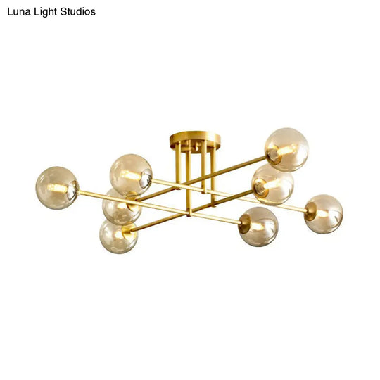 Amber Glass Semi-Flush Ceiling Pendant In Gold - Postmodern Spherical Dining Room Lighting