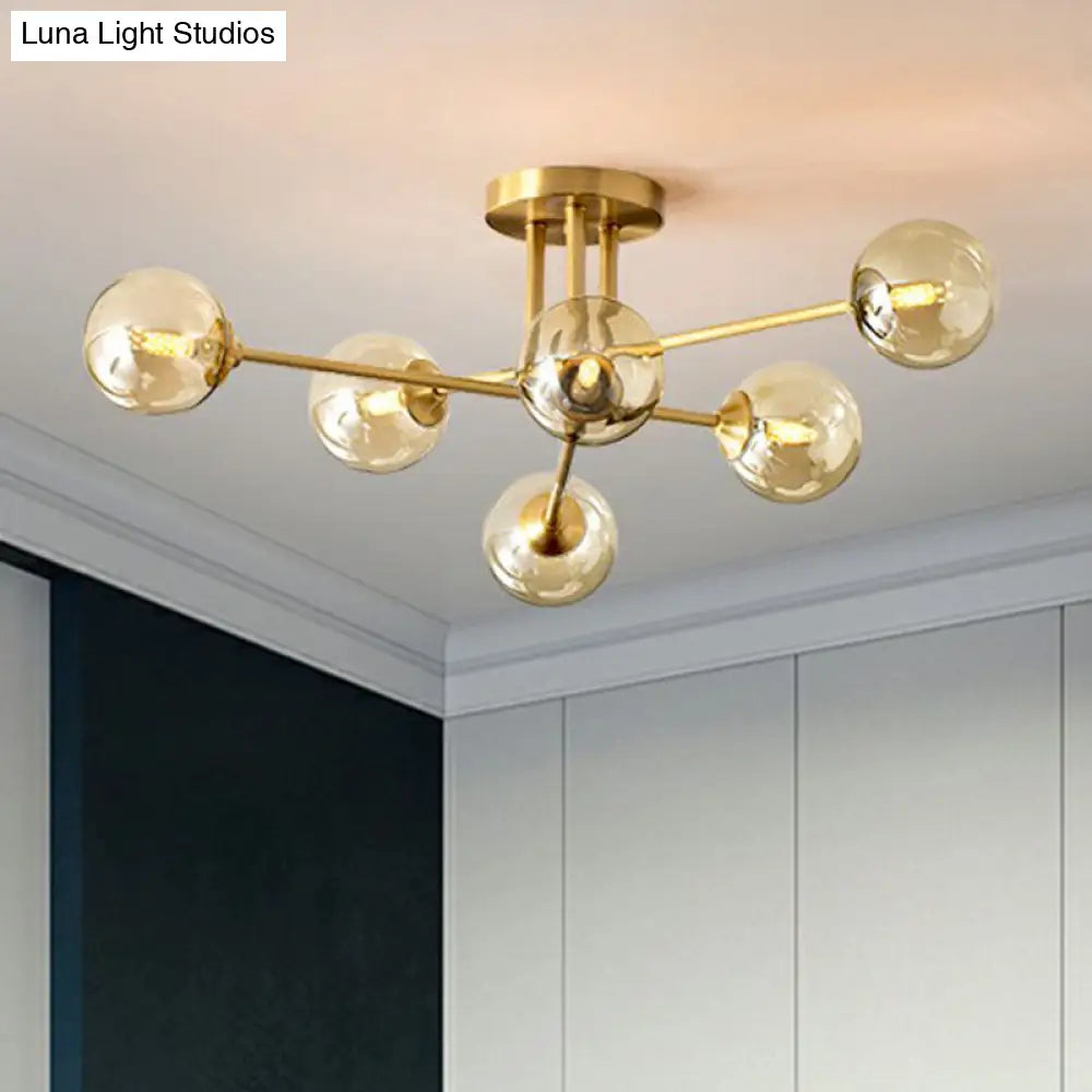 Amber Glass Semi-Flush Ceiling Pendant In Gold - Postmodern Spherical Dining Room Lighting