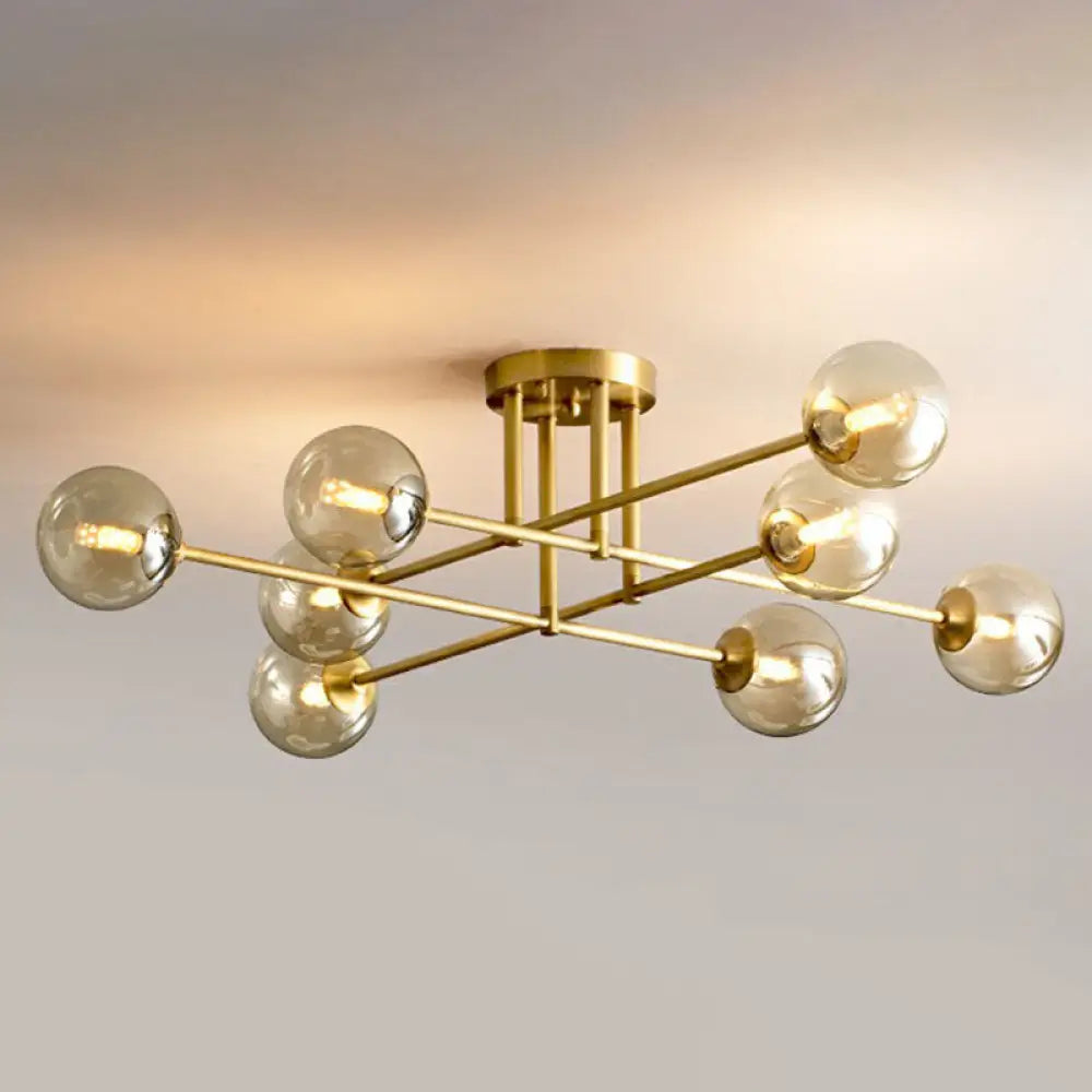 Amber Glass Semi-Flush Ceiling Pendant In Gold - Postmodern Spherical Dining Room Lighting 8 /