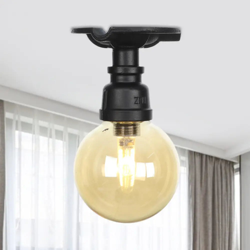 Amber Glass Semi Flush Industrial Ceiling Lamp - Global Black Finish / B