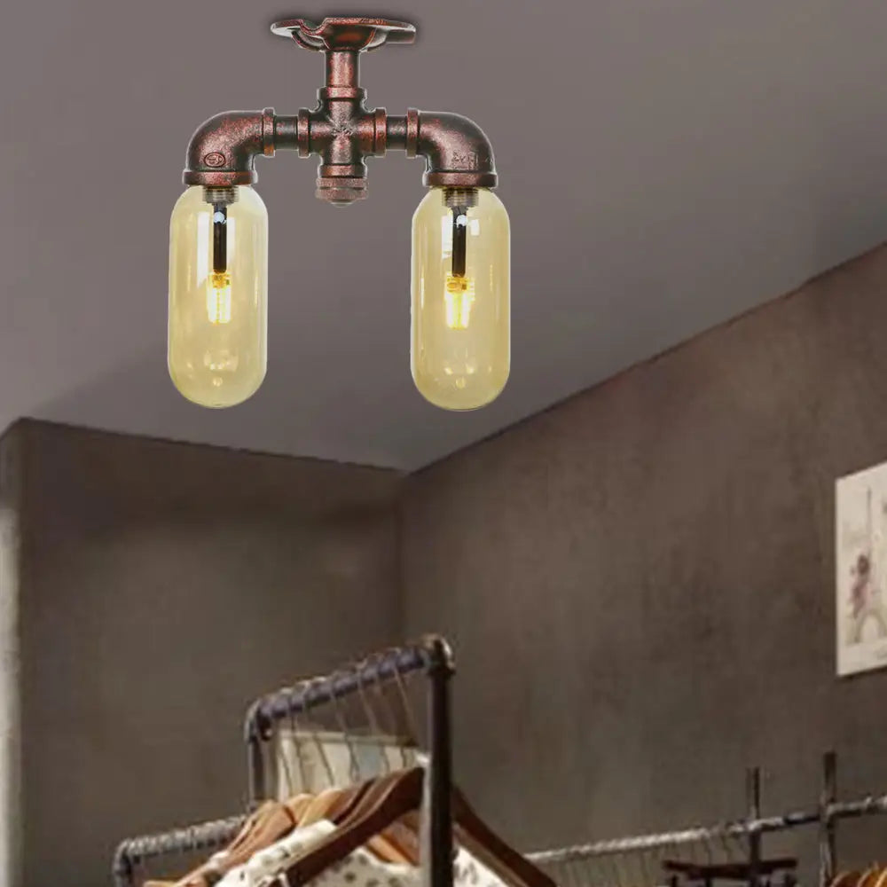 Amber Glass Semi Flush Industrial Dining Room Light Fixture In Weathered Copper - Capsule Shade 2 -
