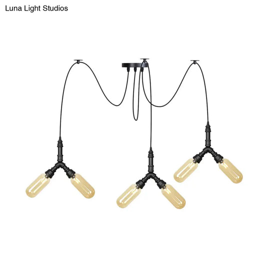 Industrial Amber Glass Swag Led Ceiling Lamp With Multiple Heads And Capsule Design In Black