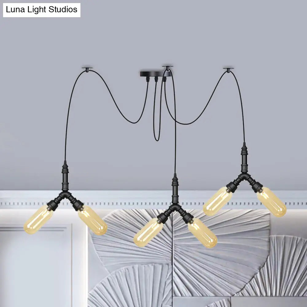 Industrial Amber Glass Swag Led Ceiling Lamp With Multiple Heads And Capsule Design In Black