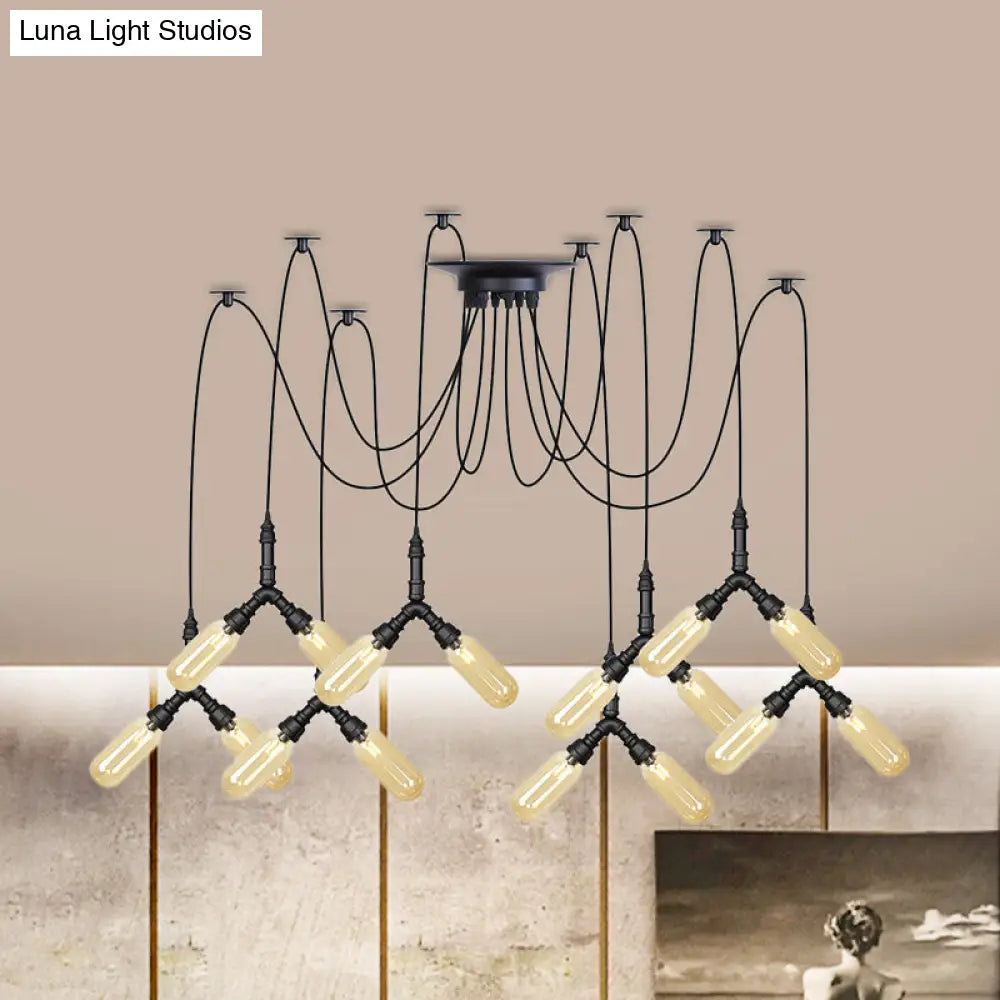 Industrial Amber Glass Swag Led Ceiling Lamp With Multiple Heads And Capsule Design In Black