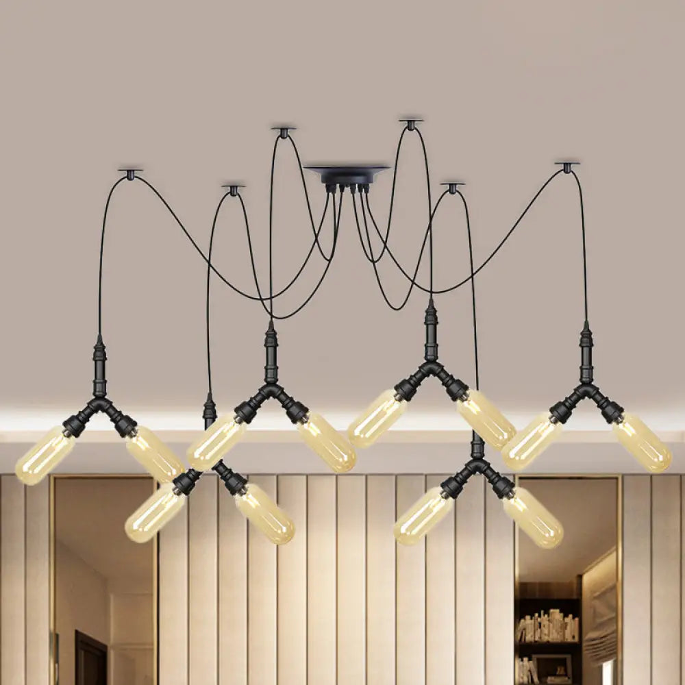 Amber Glass Swag Led Ceiling Lamp - Industrial Capsule Multi Hanging Light (4/6/12-Head) In Black