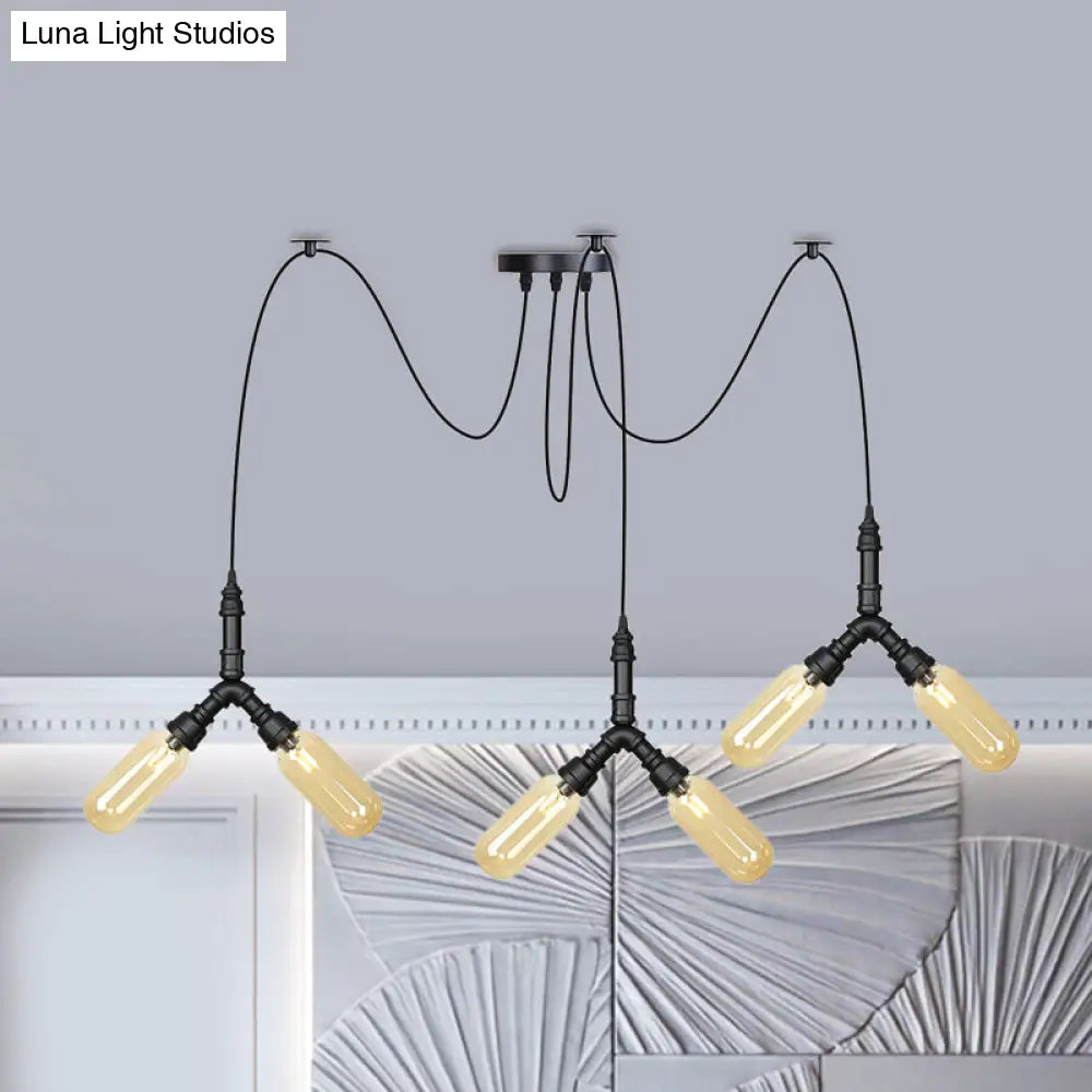 Amber Glass Swag Led Ceiling Lamp - Industrial Capsule Multi Hanging Light (4/6/12-Head) In Black