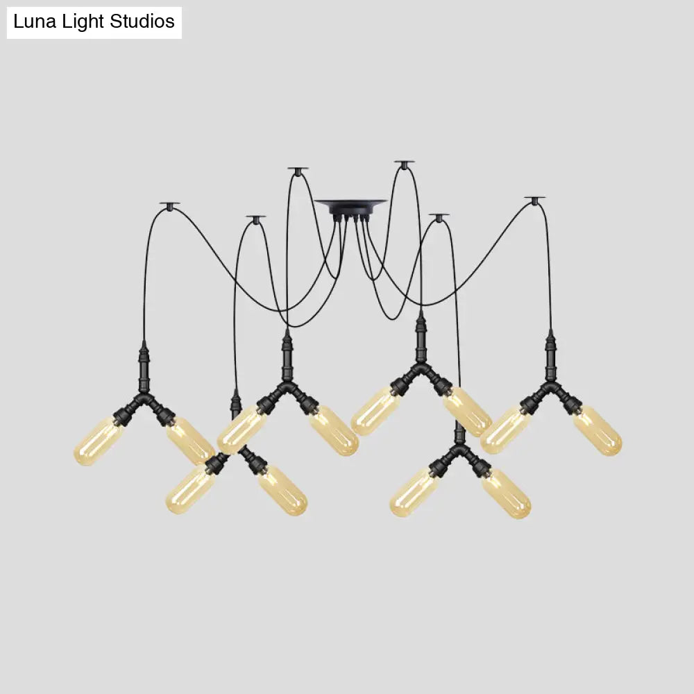 Amber Glass Swag Led Ceiling Lamp - Industrial Capsule Multi Hanging Light (4/6/12-Head) In Black