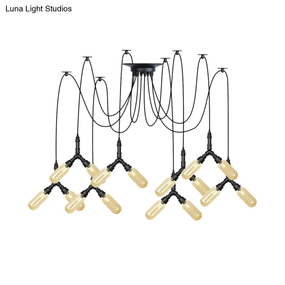 Industrial Amber Glass Swag Led Ceiling Lamp With Multiple Heads And Capsule Design In Black