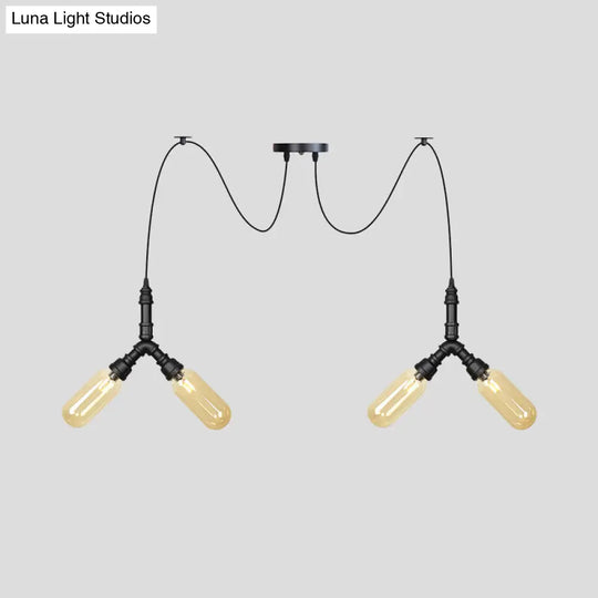 Industrial Amber Glass Swag Led Ceiling Lamp With Multiple Heads And Capsule Design In Black